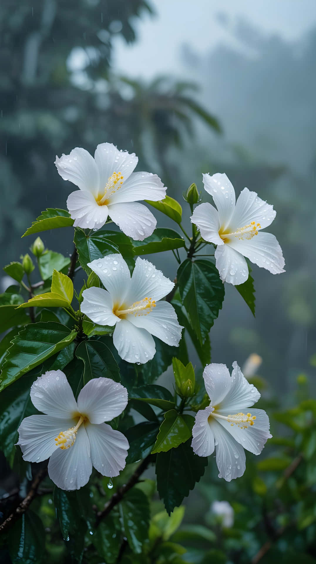 自然、花卉、植物、背景、春天、雨、樹木、綠色、熱帶、綻放、花園、美麗、葉子、微距、天然、白色花朵、美學、AI生成、生成式AI、桌布 — 花朵 壁紙