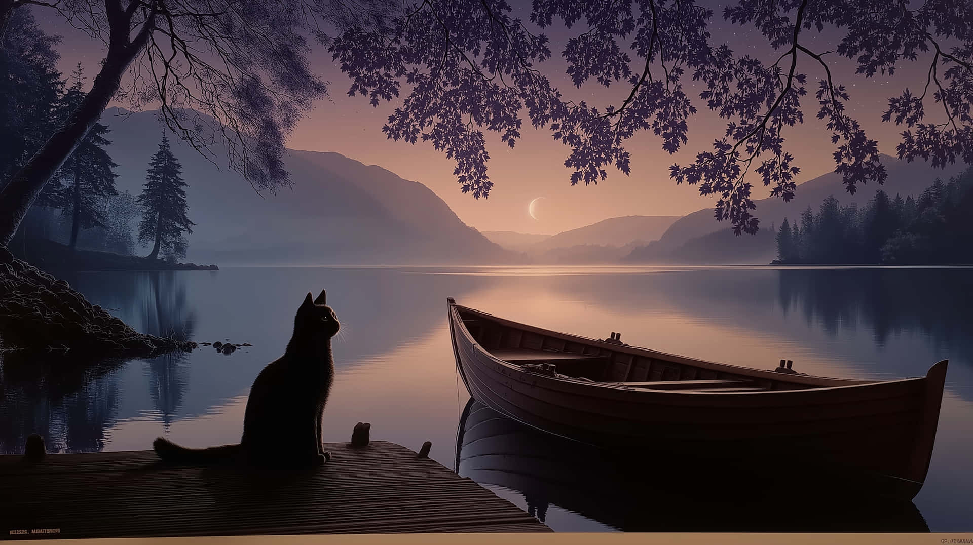 猫，动物，宠物，码头，湖泊，暮色，山脉，小船，自然，风景，宁静，神秘，平和，倒影，户外 — 山脈 壁紙