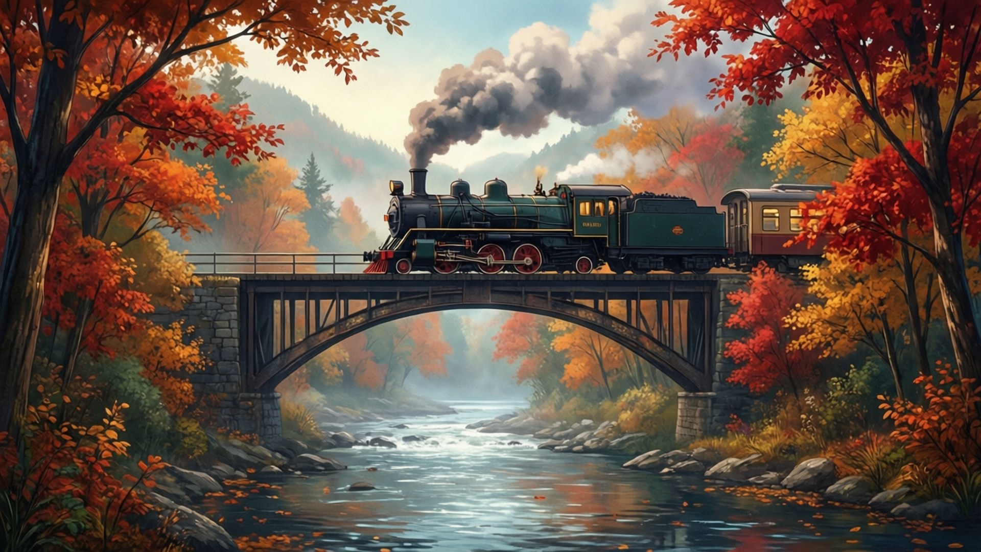 秋日火車橋 壁紙