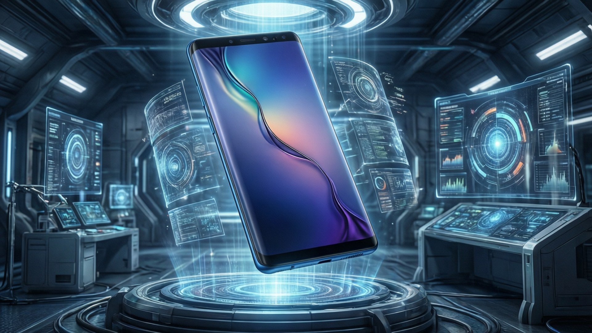 科幻風格桌布，展示懸浮於全息實驗室中的 Galaxy S10。