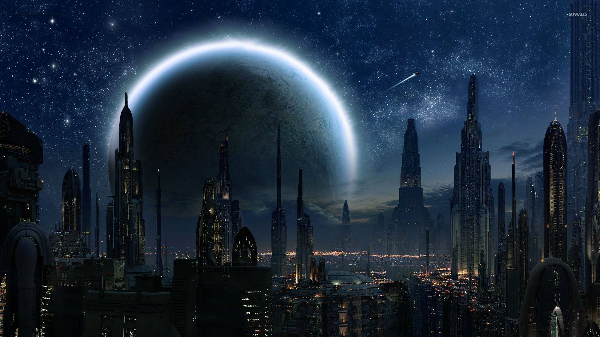 星際大戰桌布，現代城市中高聳的建築和巨大的科洛桑月亮。