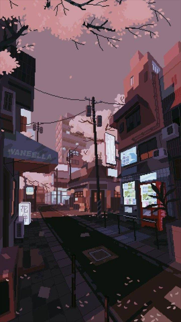 粉棕色调像素风美学城市 壁紙