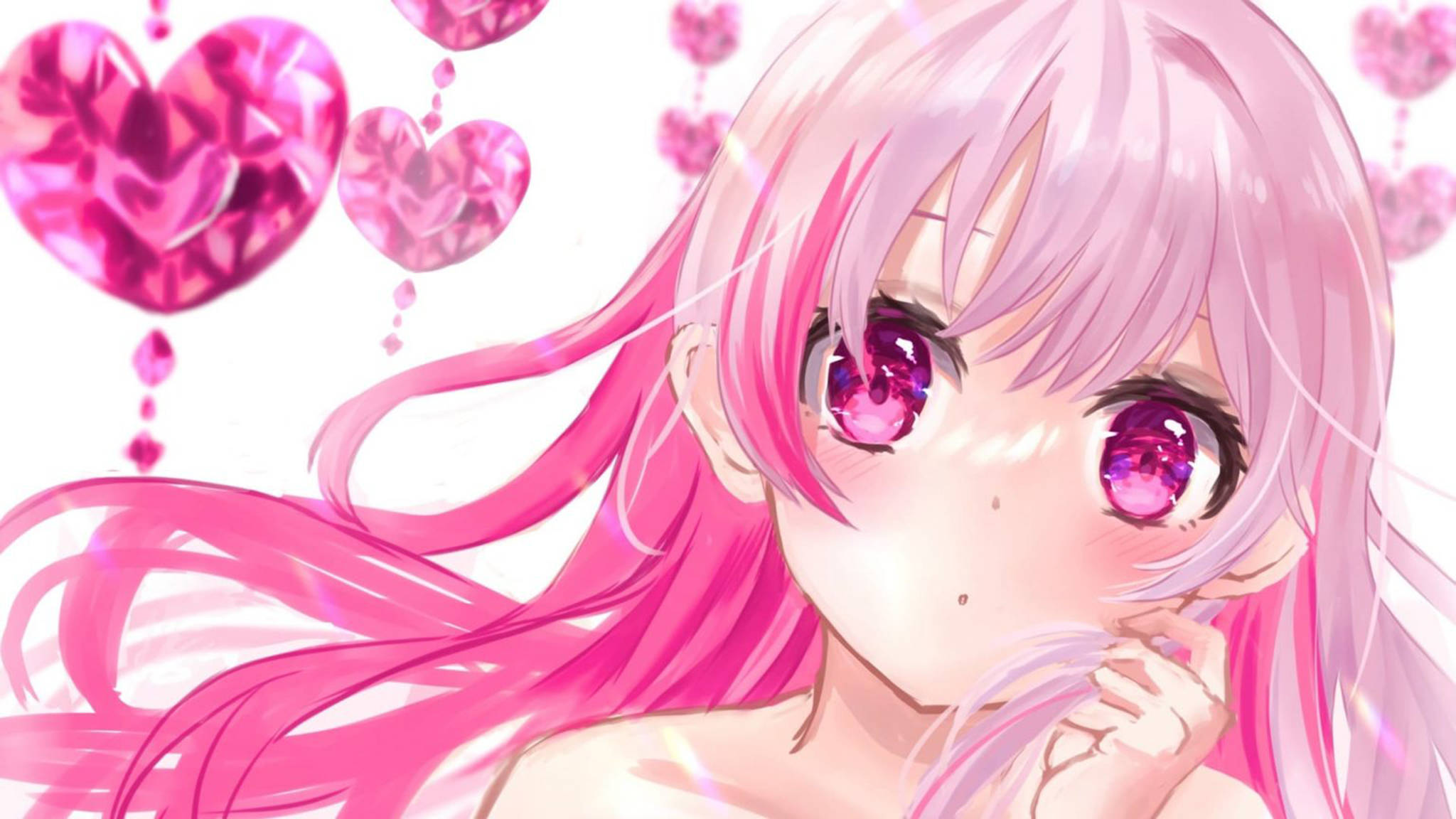 粉紅動漫美學少女與愛心 壁紙