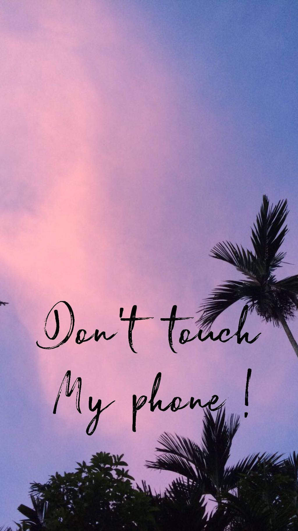 棕櫚樹襯著粉紅天空，附有「Don't touch my phone!」文字的桌布。