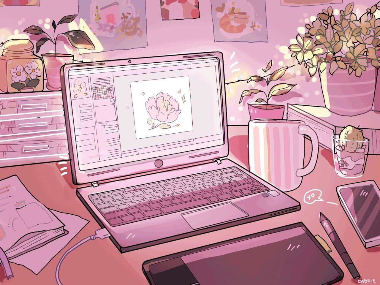 粉紅日落下的柔和美學風景 壁紙