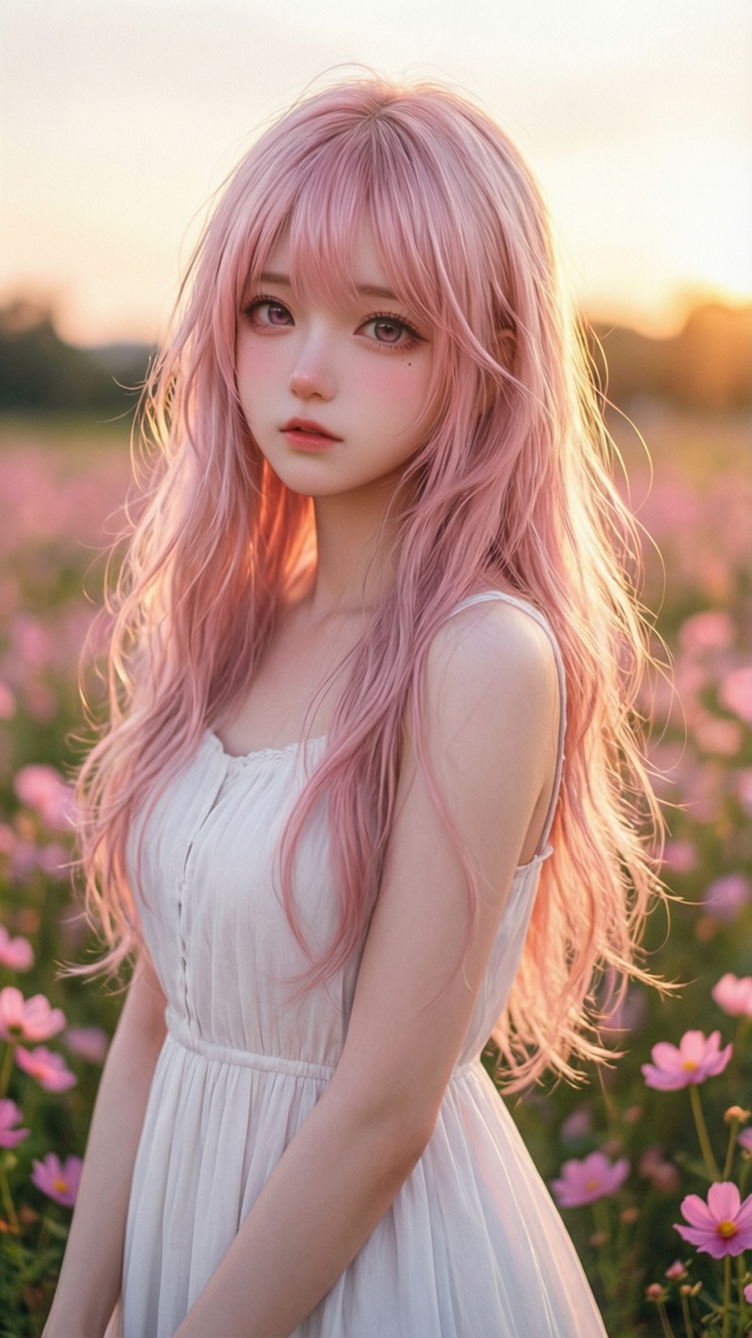 粉紅花田中的動漫少女 壁紙