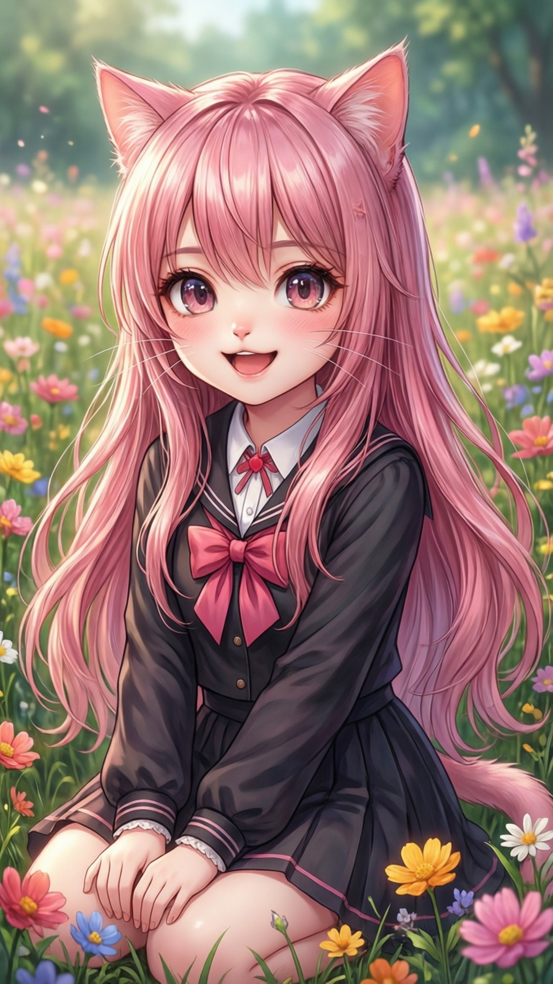 粉色貓耳少女花田 壁紙