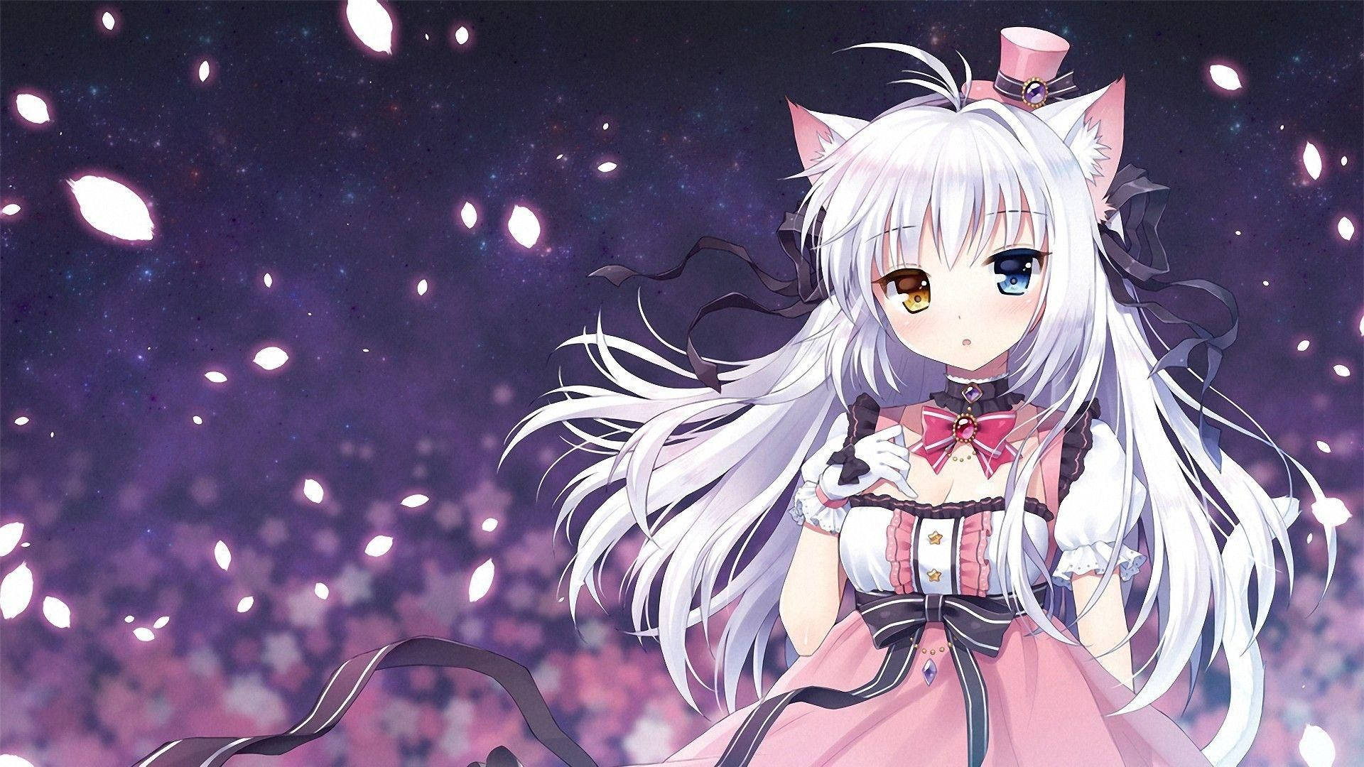 粉裙白髮少女與粉色蝴蝶結 壁紙