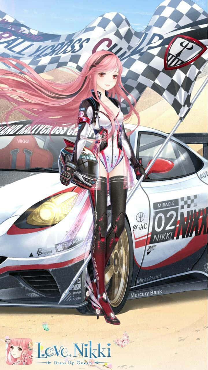 粉髮女孩站在賽車旁 壁紙
