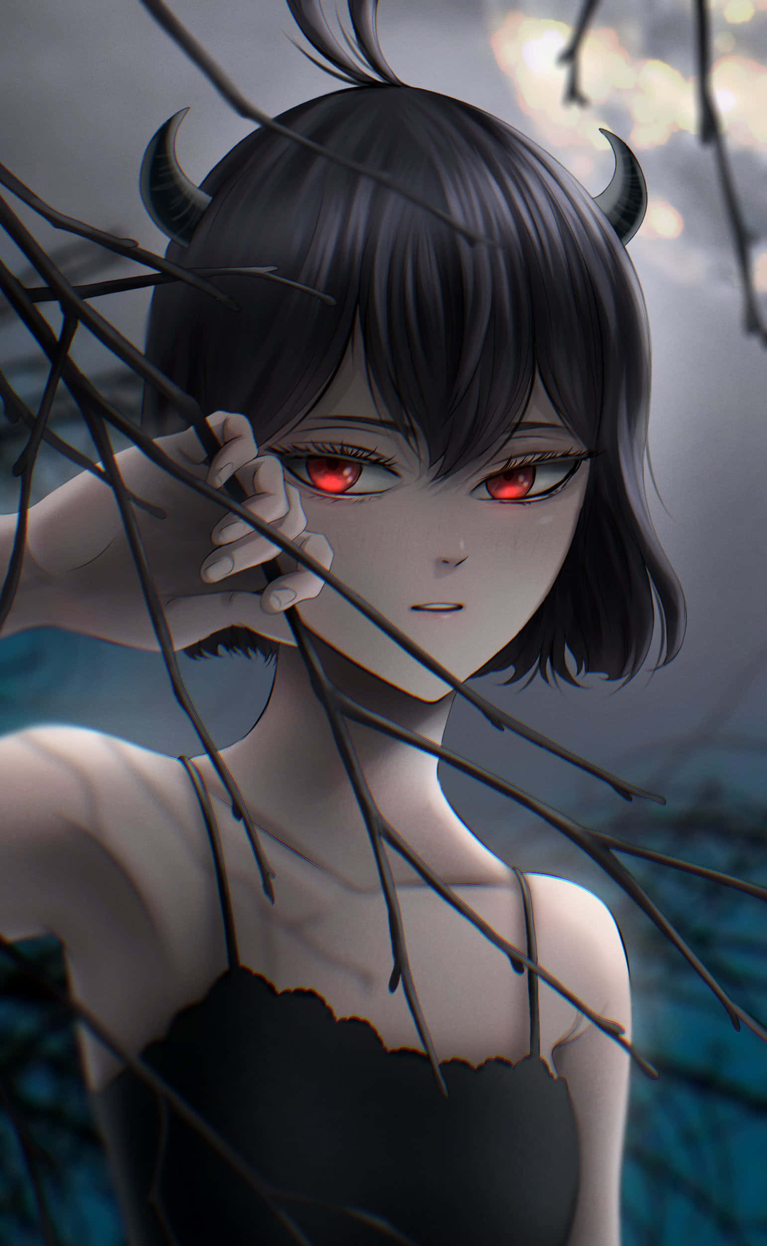 紅眼少女長角立於樹上 壁紙