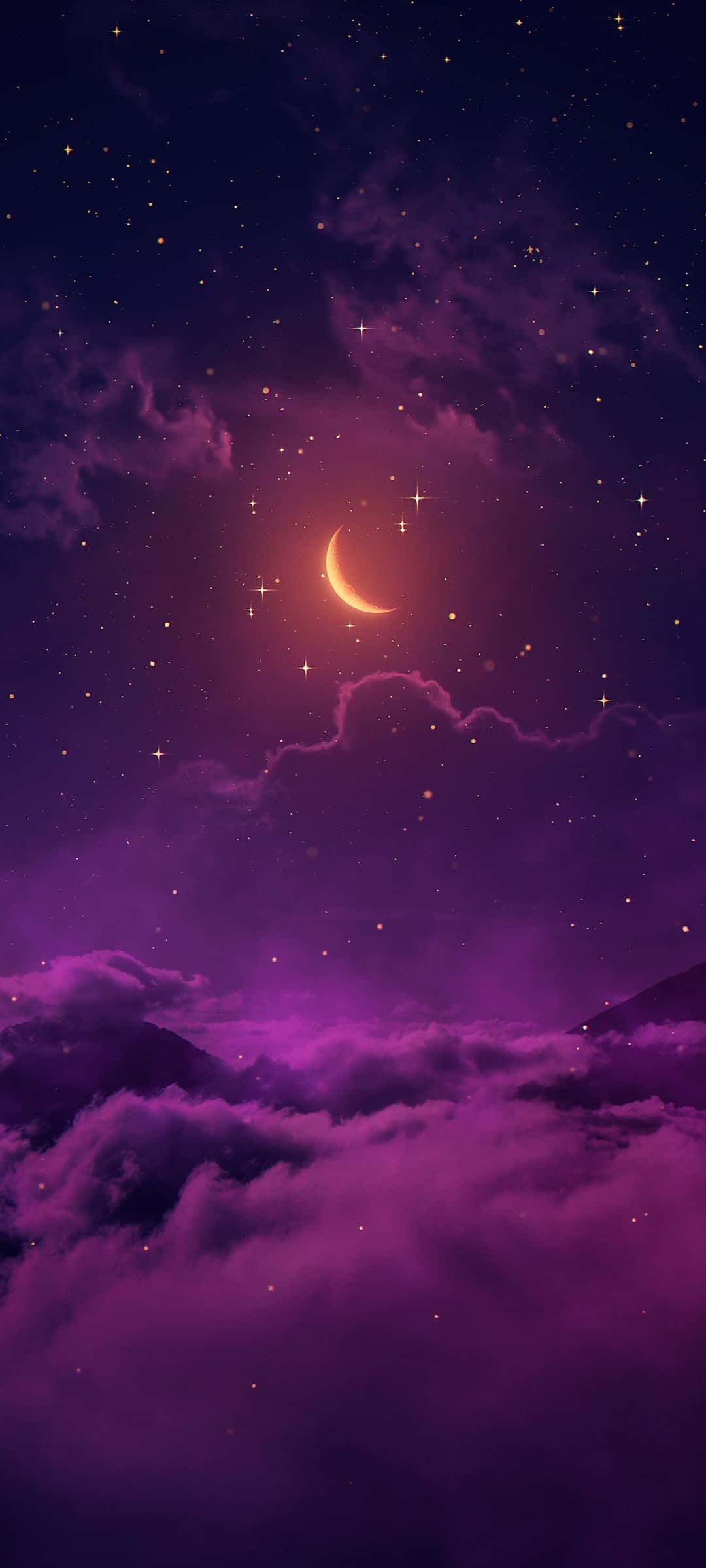 紫色天空，雲朵與新月 壁紙