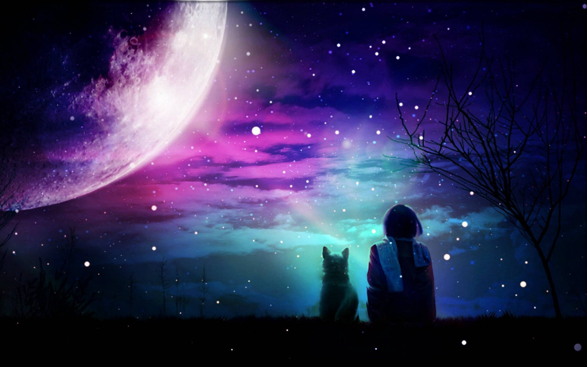 紫色星系月球數位藝術 壁紙