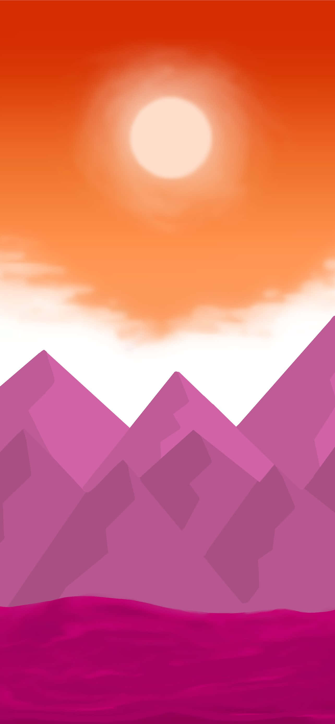 紫色与粉色交织的山景，伴有一轮太阳 壁紙