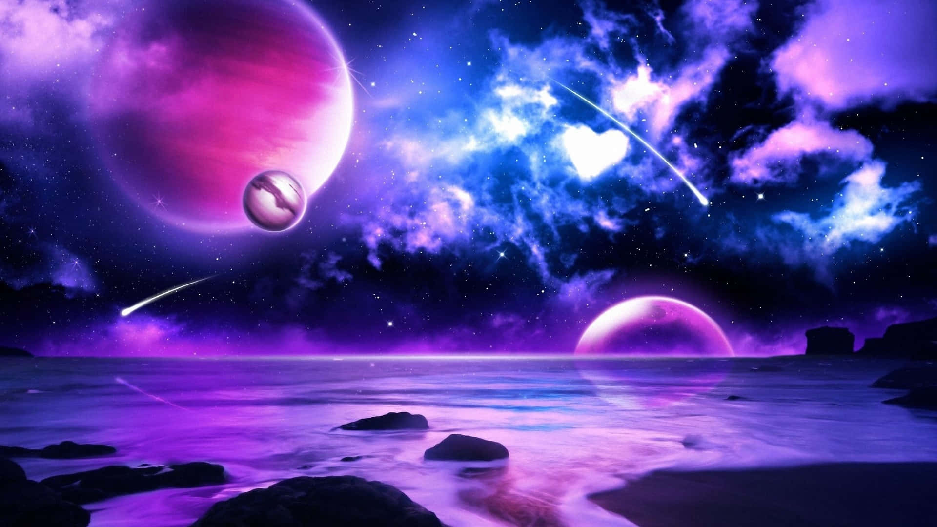 紫色與藍色交織的太空，點綴著行星與星辰 壁紙