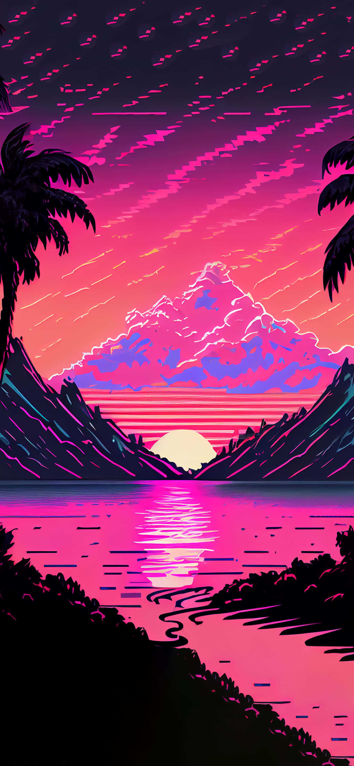 美麗夕陽蒸汽波向量插圖背景 壁紙