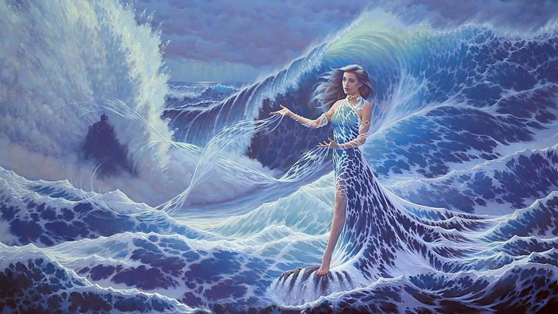 美人魚女神掌控海浪 壁紙