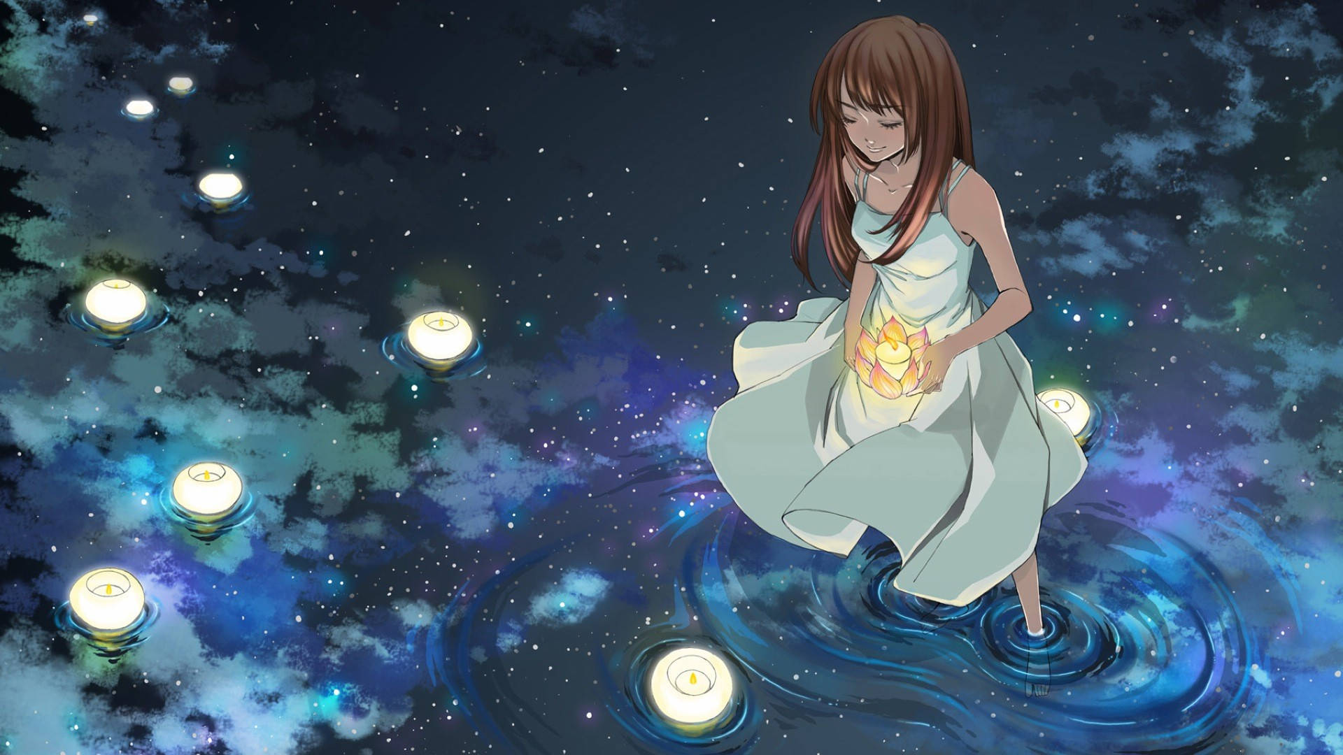 美麗動漫少女湖畔 壁紙
