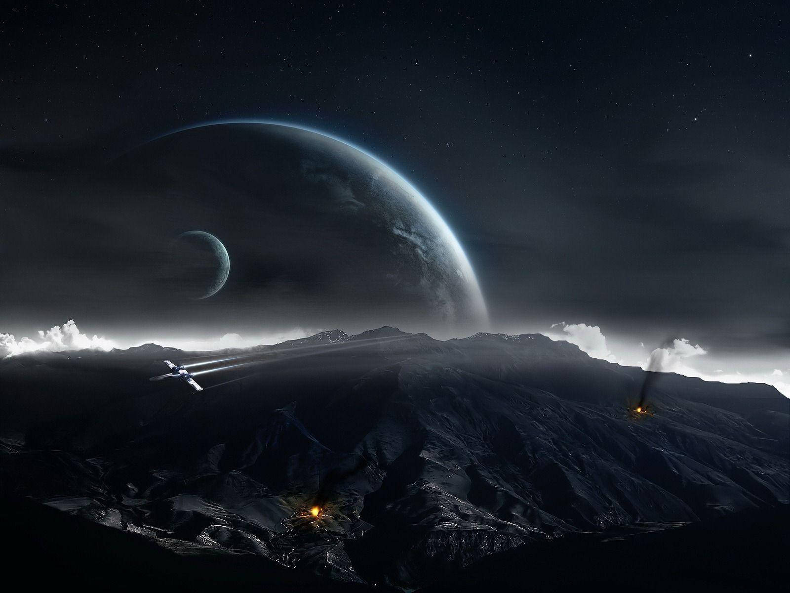 美麗的暗色山脈與行星 壁紙