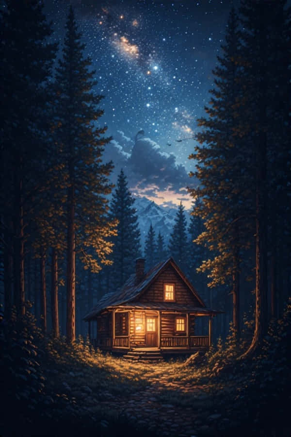 舒適夜間森林小屋星空自然4K 壁紙