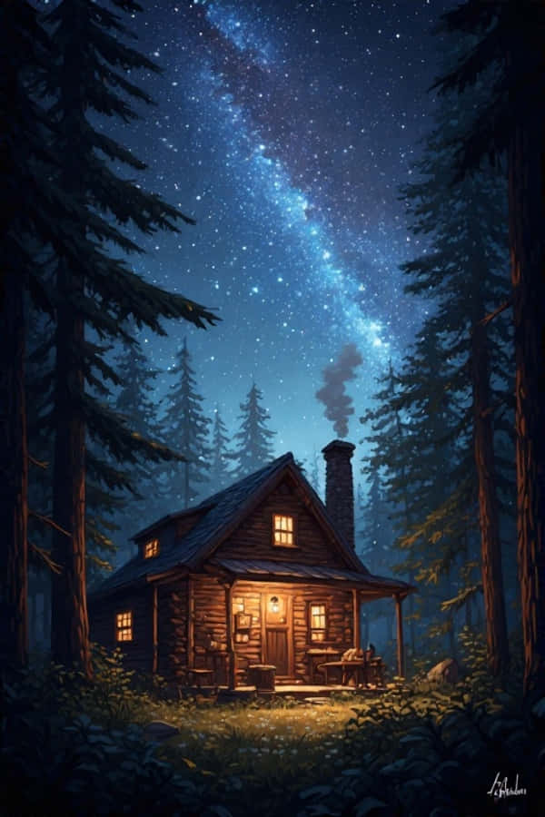 舒適夜間森林小屋星空自然4K 壁紙