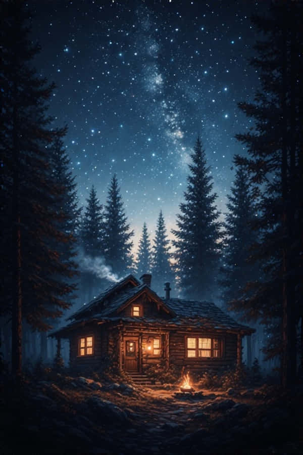 舒適夜間森林小屋星空自然4K 壁紙