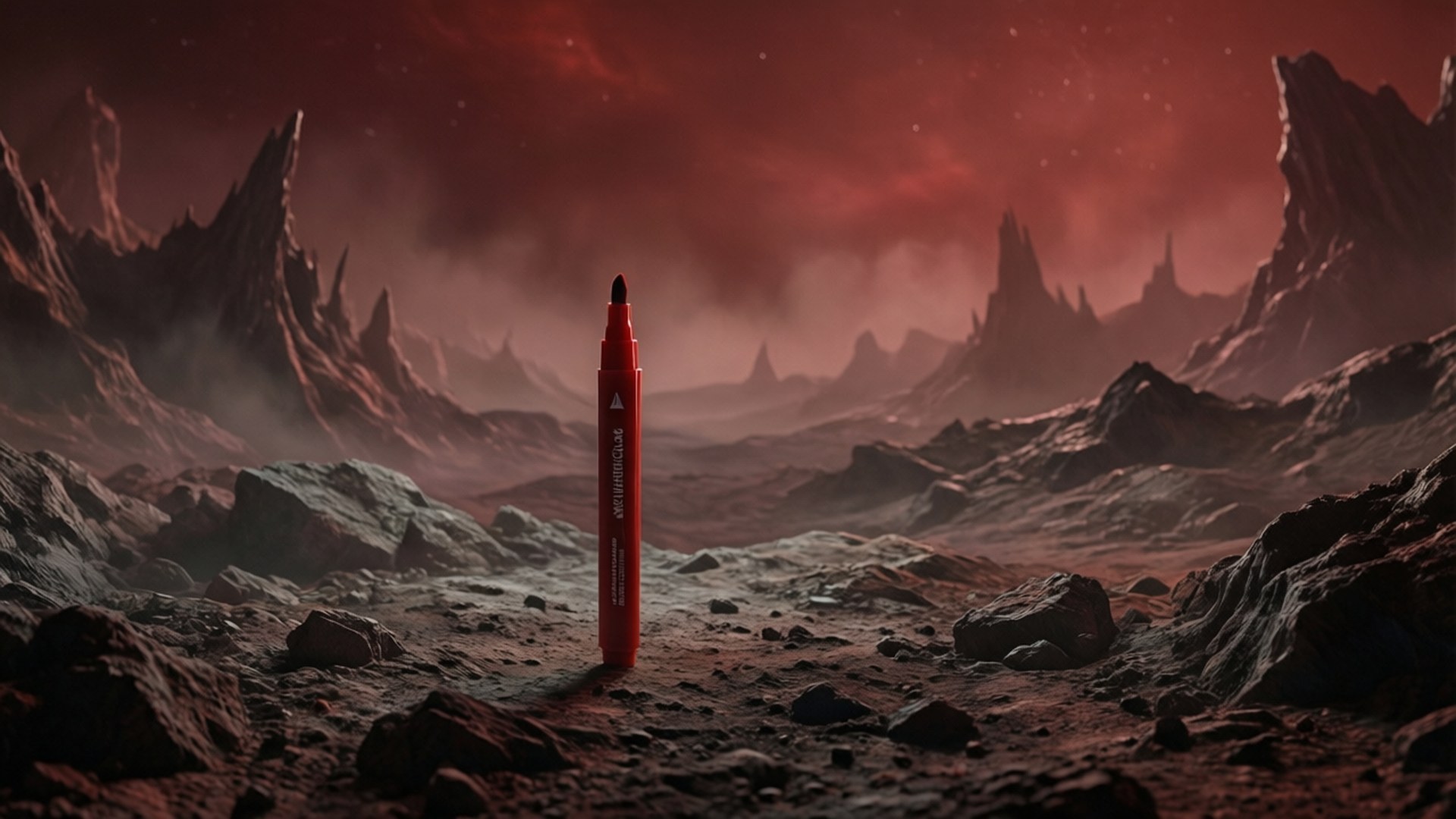 神秘的紅色標記矗立在荒蕪的外星世界上。