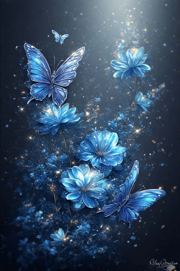 蓝色花朵与发光蝴蝶壁纸 壁紙