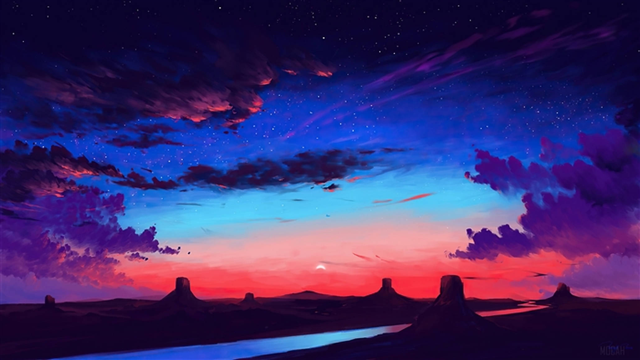 藍紫暮色天空藝術 壁紙