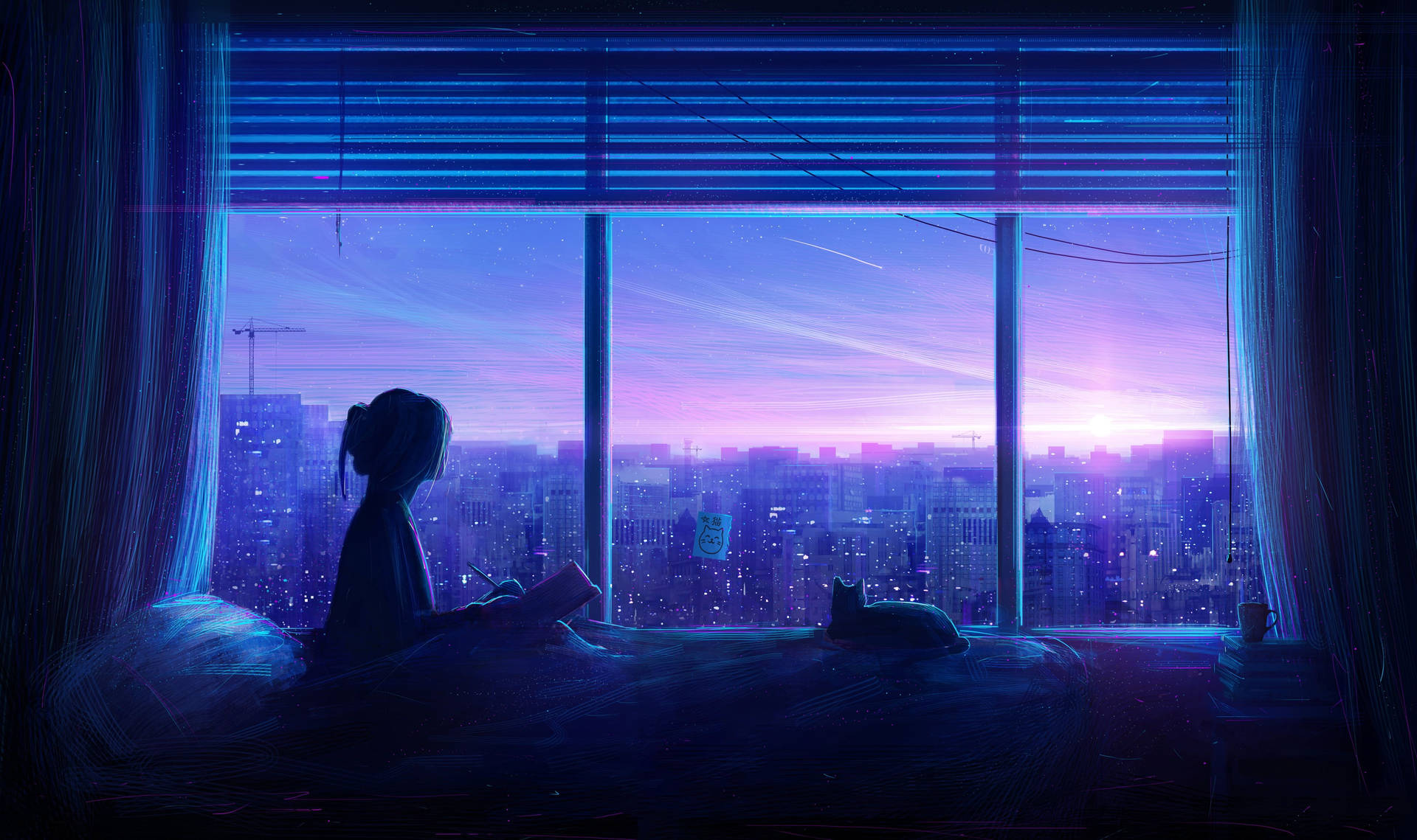 藍色動漫剪影女孩與貓咪美學