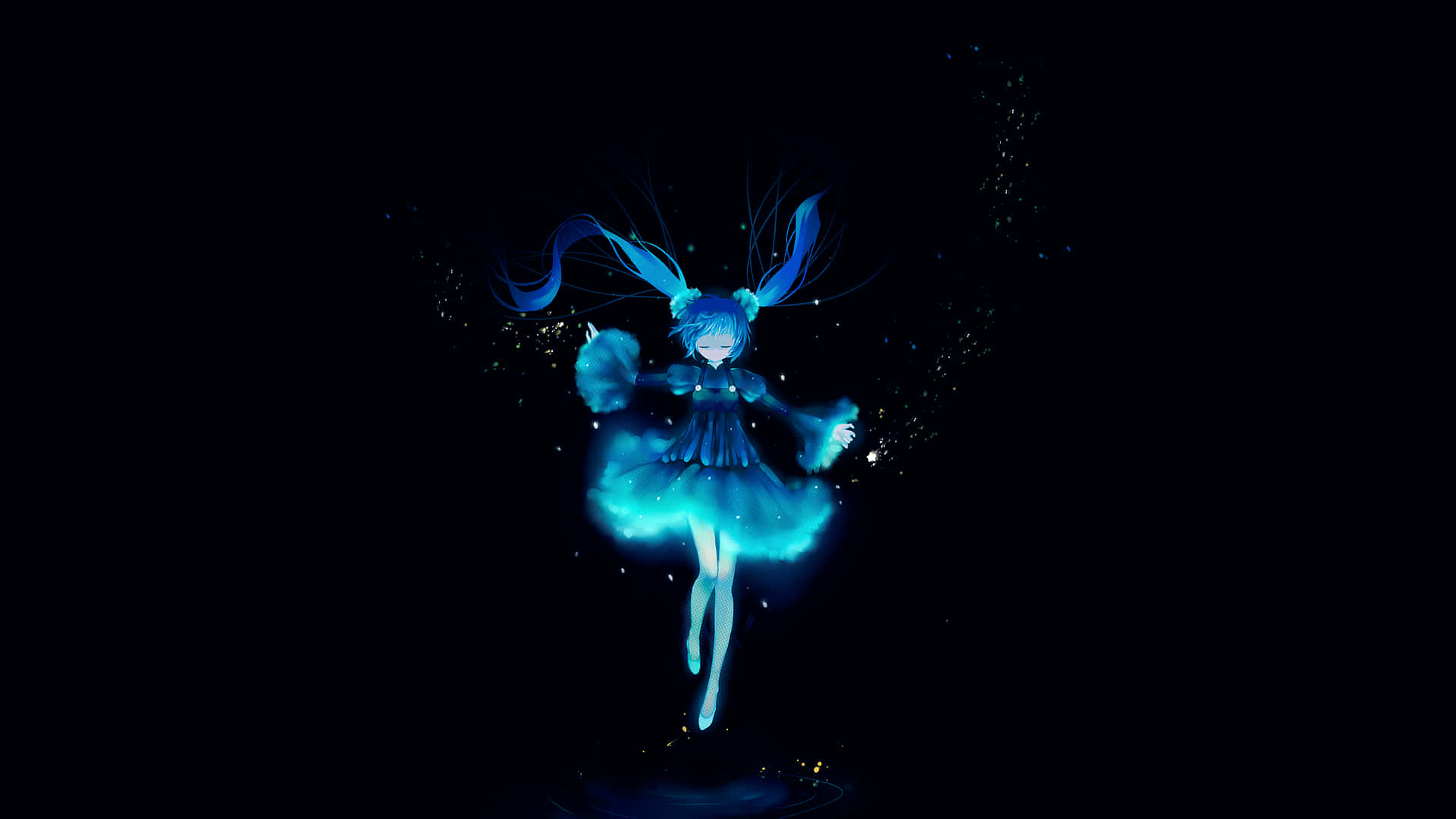 藍色動漫背景初音未來黑色襯底 壁紙
