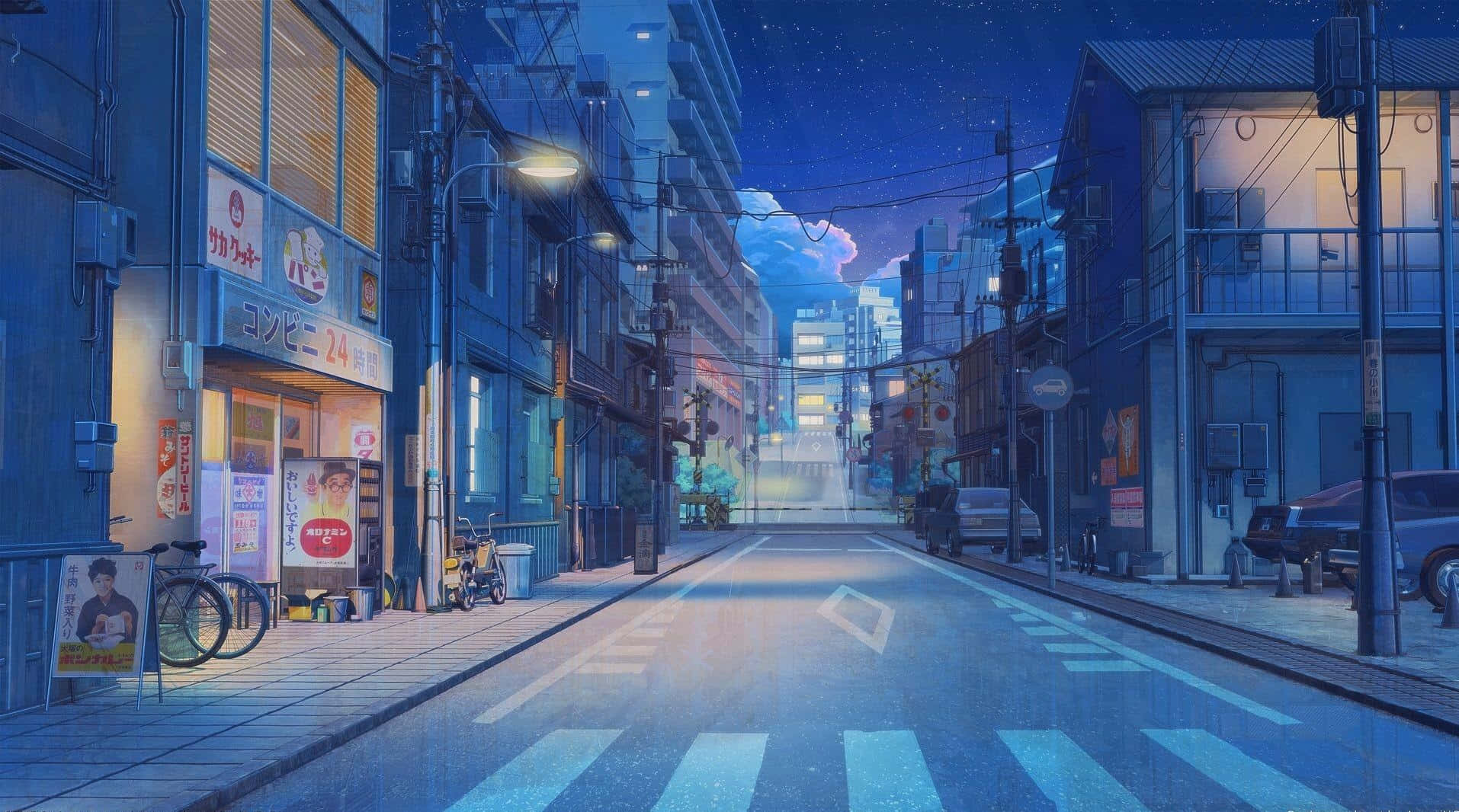 藍色動畫日本街頭夜景 壁紙
