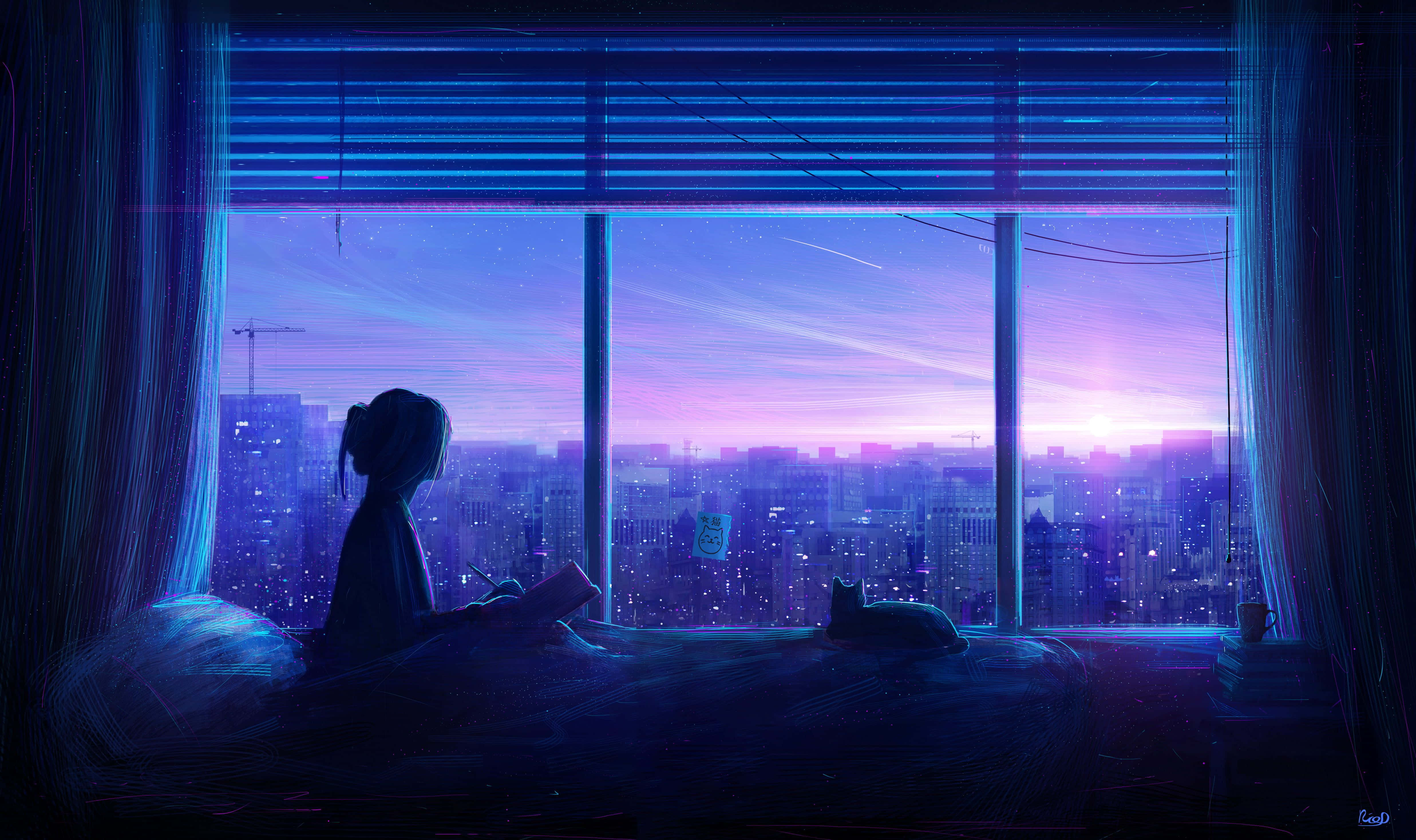 藍調動漫少女風格的寬窗夕陽 壁紙