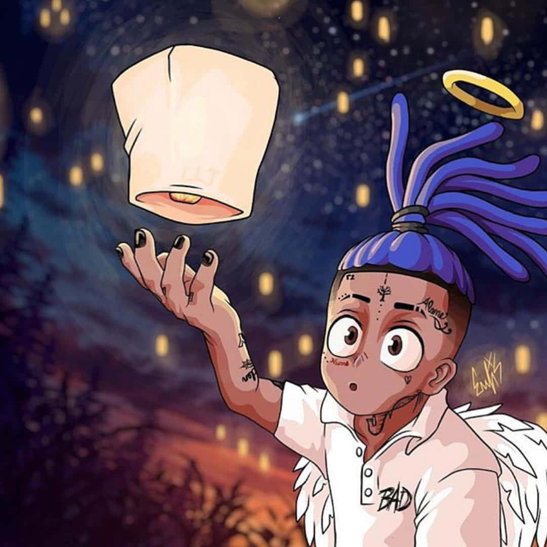 藍髮XXXTentacion卡通頭像 飛天燈籠光環 壁紙