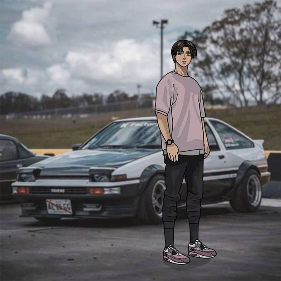 藤原拓海與車前的動畫場景 壁紙