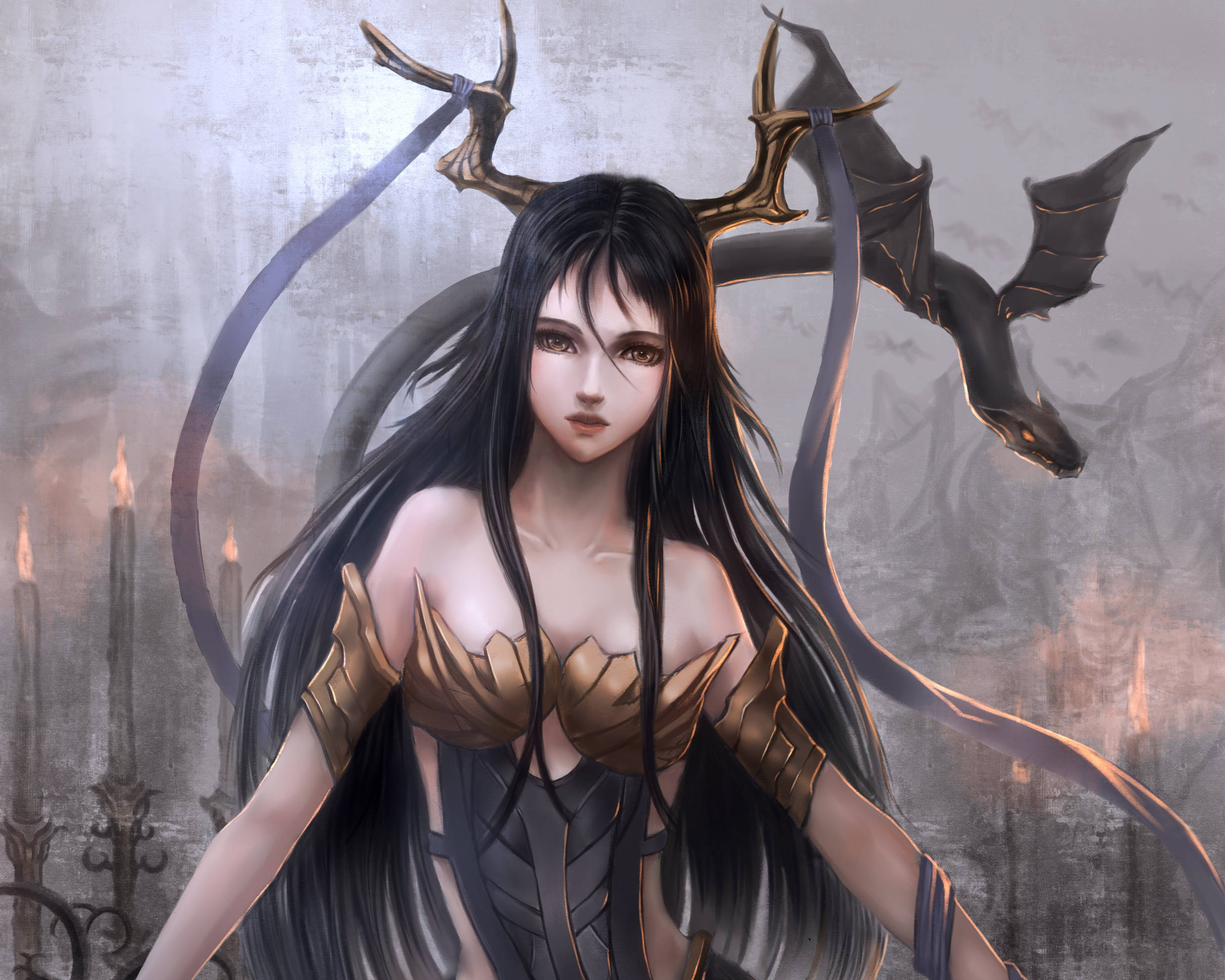 蛇龙在悲伤恶魔女孩身后 壁紙