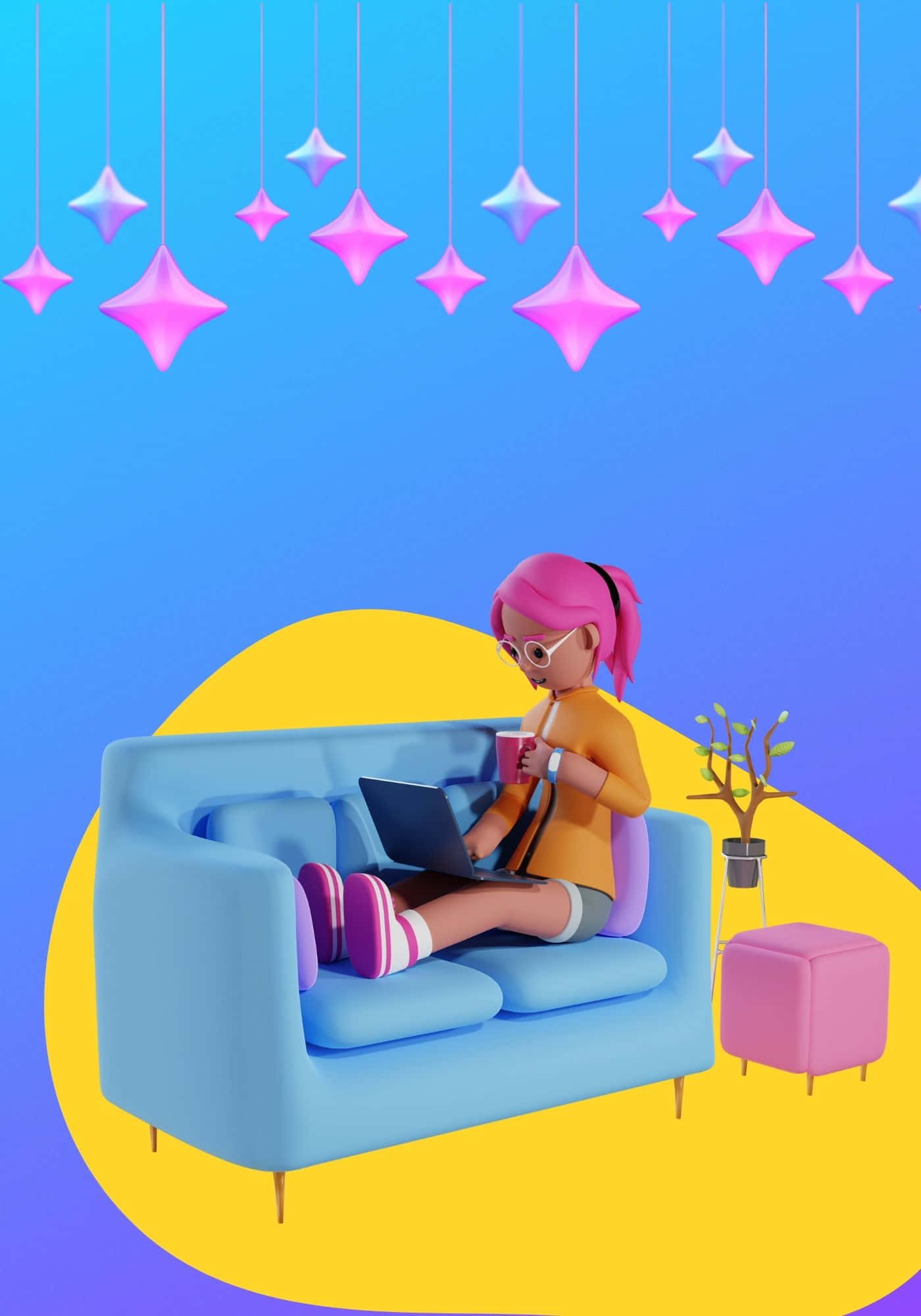 酷炫3D女子坐藍色沙發背景 壁紙