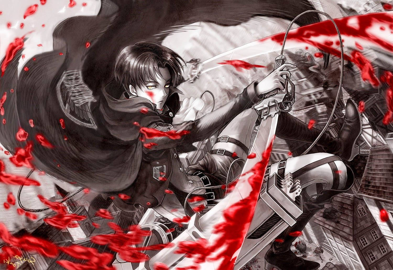 《進擊的巨人》粉絲藝術桌布中，班長兼隊長里維·阿克曼身上濺滿鮮血。