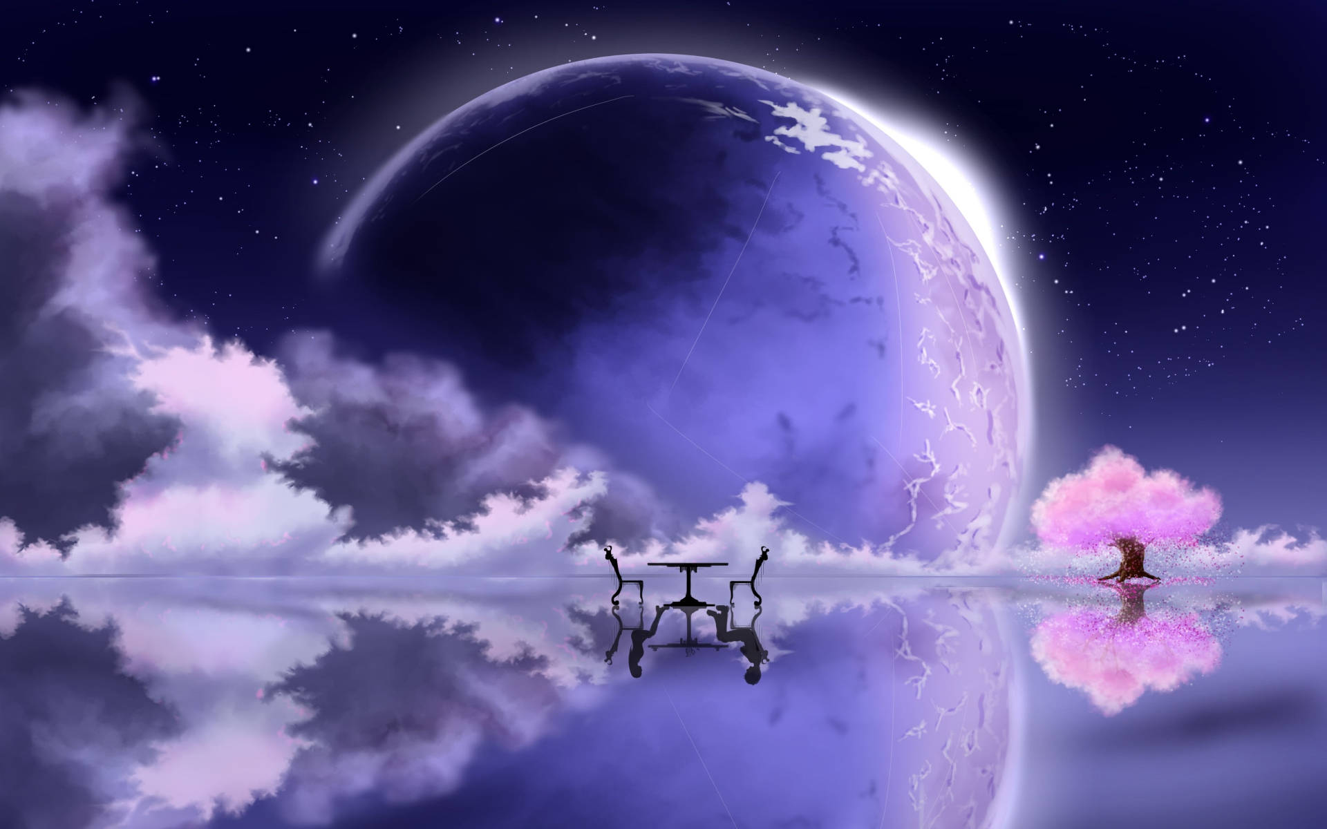 銀河月亮與湖泊奇幻藝術 壁紙