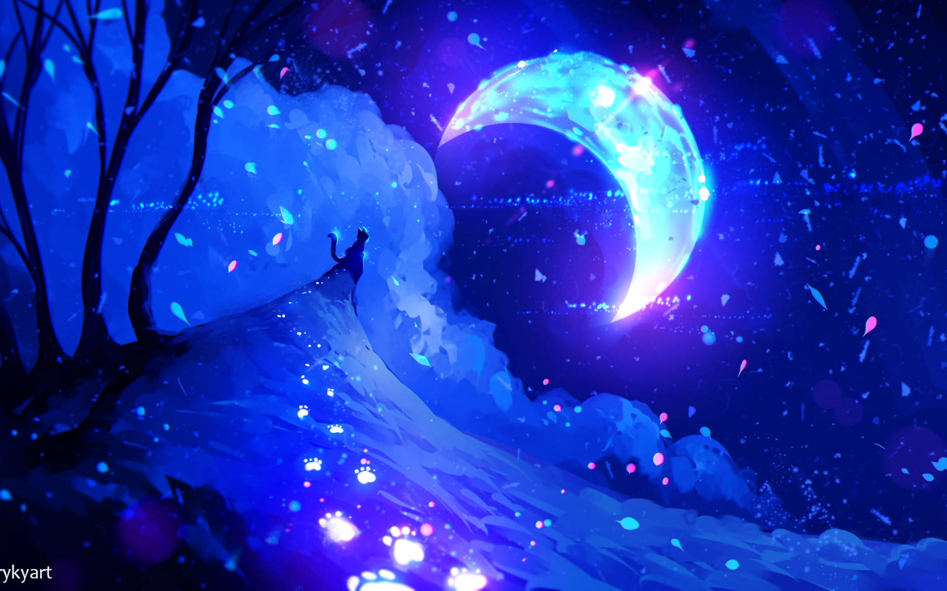 銀河月亮與貓咪幻想藝術 壁紙
