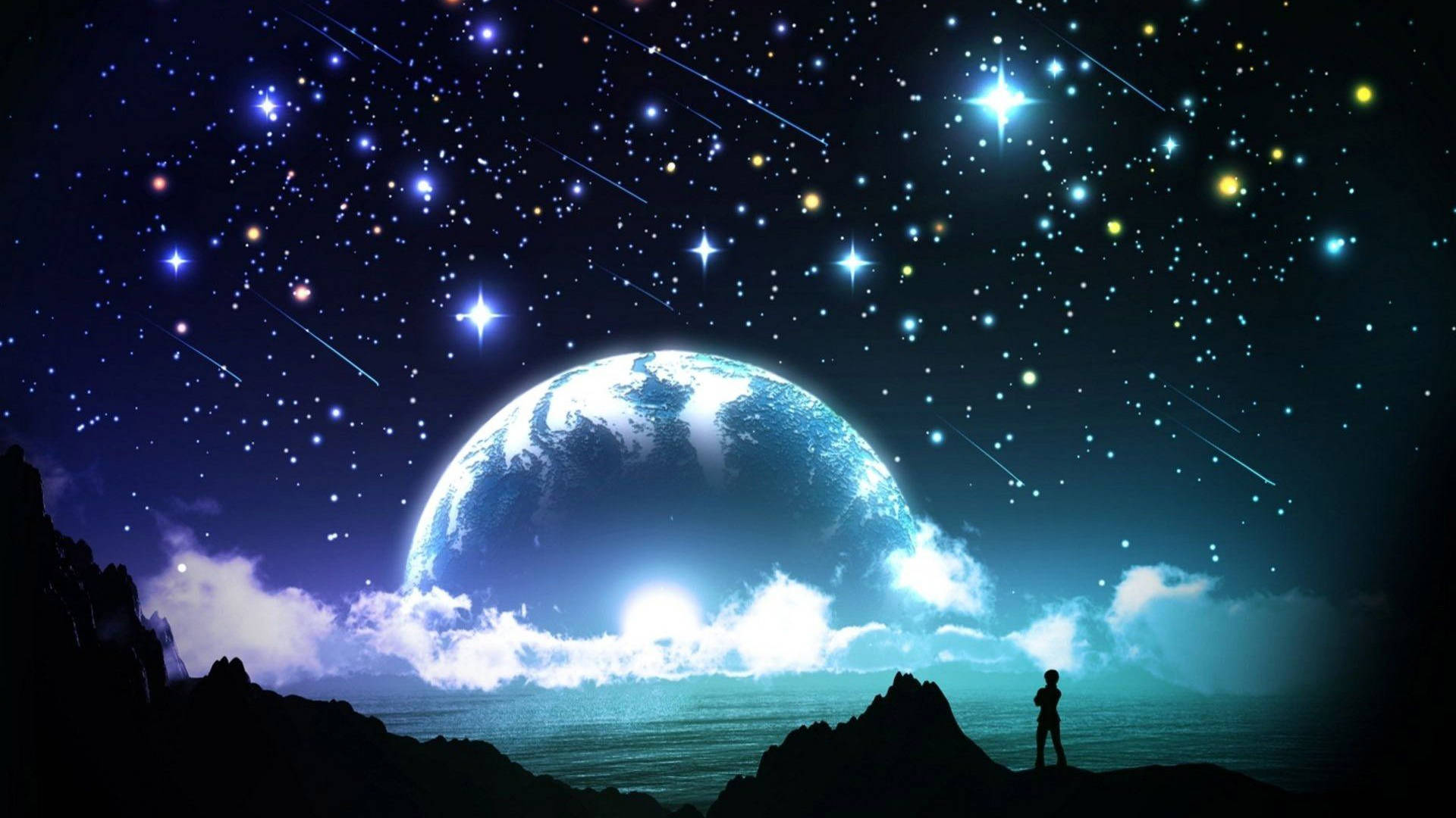 銀河月亮與閃爍星辰 壁紙