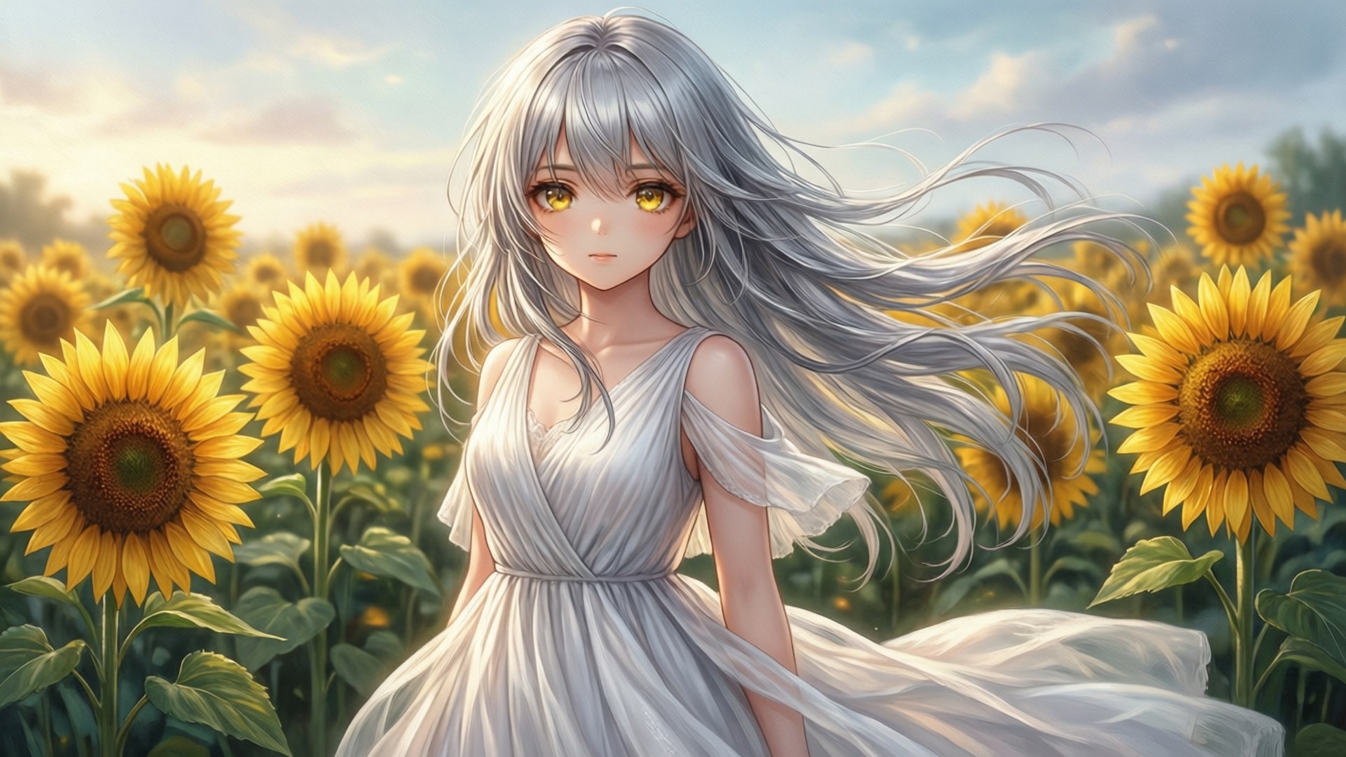 銀髮向日葵花田 壁紙