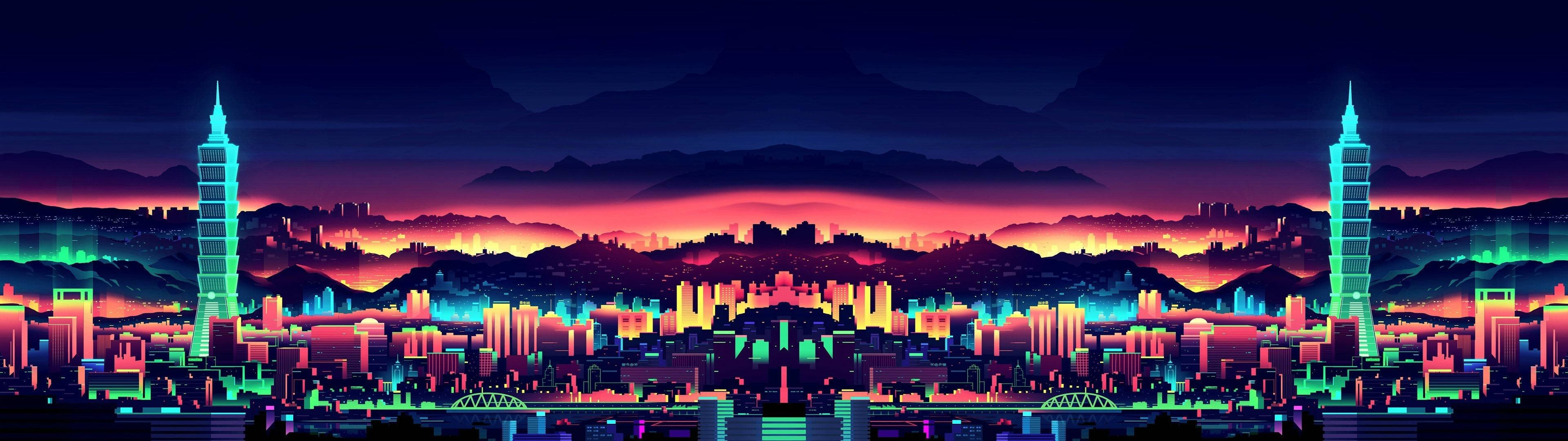 3840x1080 HD 雙螢幕城市藝術 — 雙螢幕 壁紙