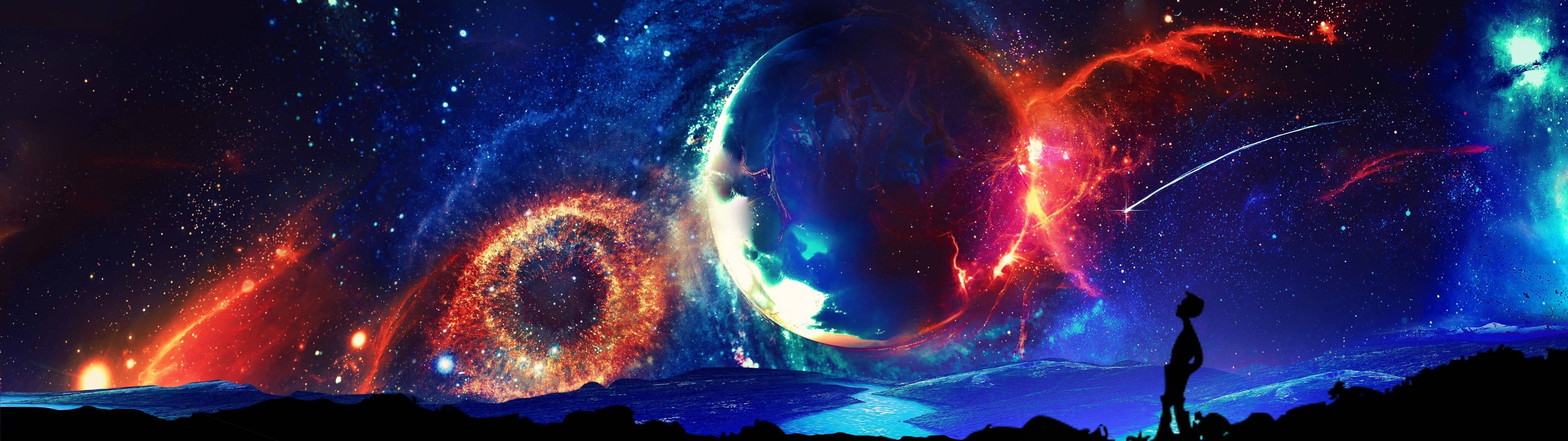 雙螢幕炫彩煙火星空 壁紙