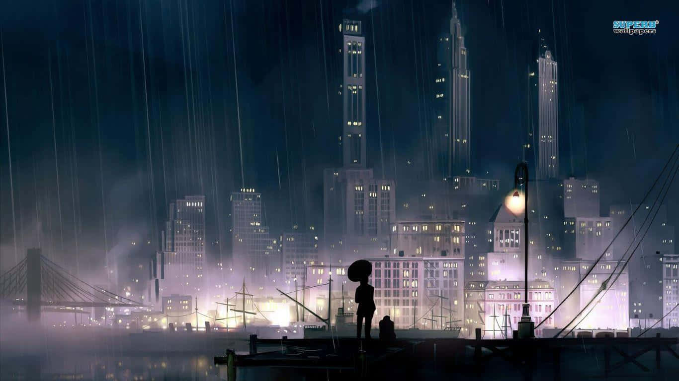 雨中城市，一人立于水中 壁紙