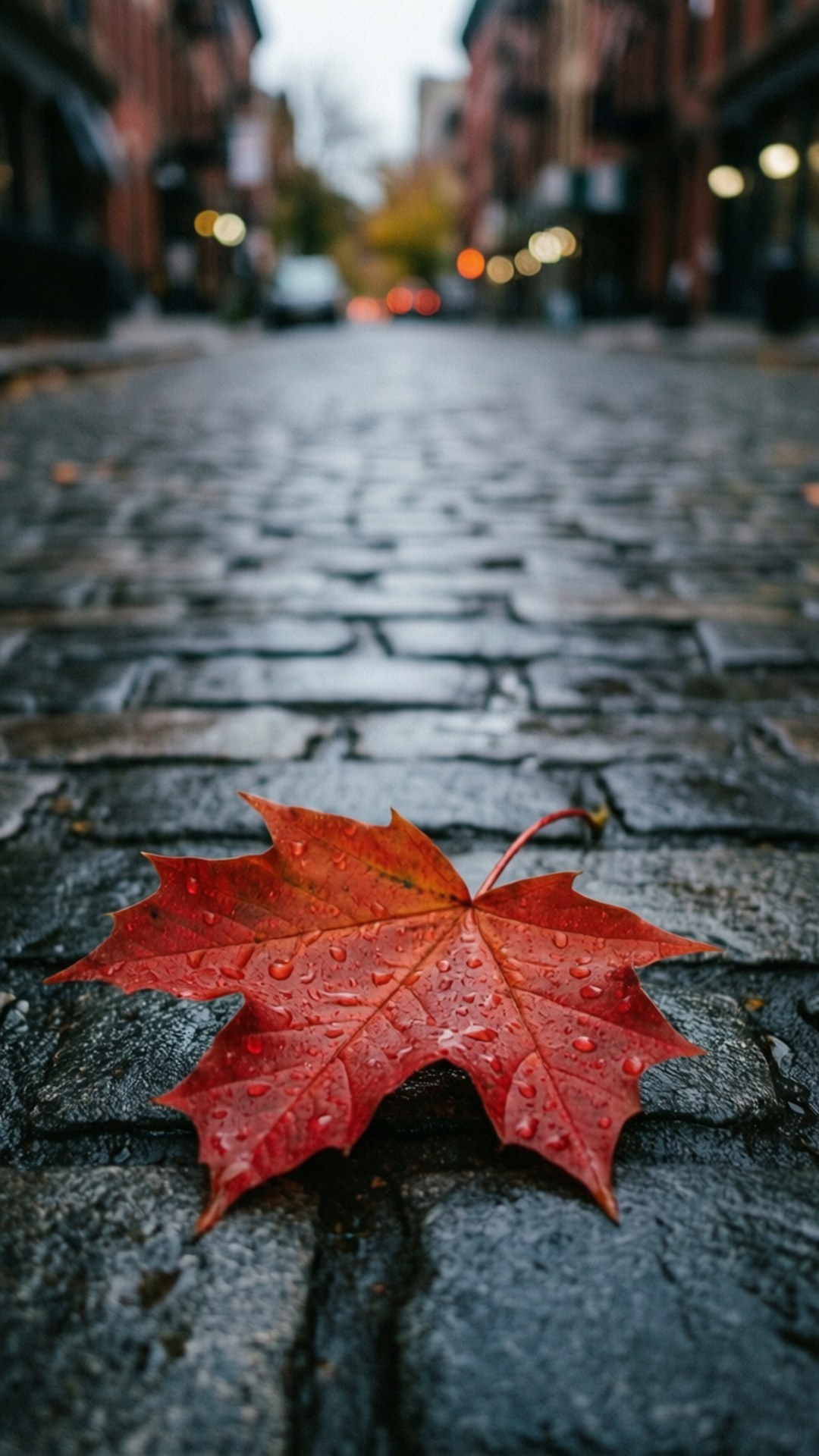 雨中秋葉落石階 壁紙