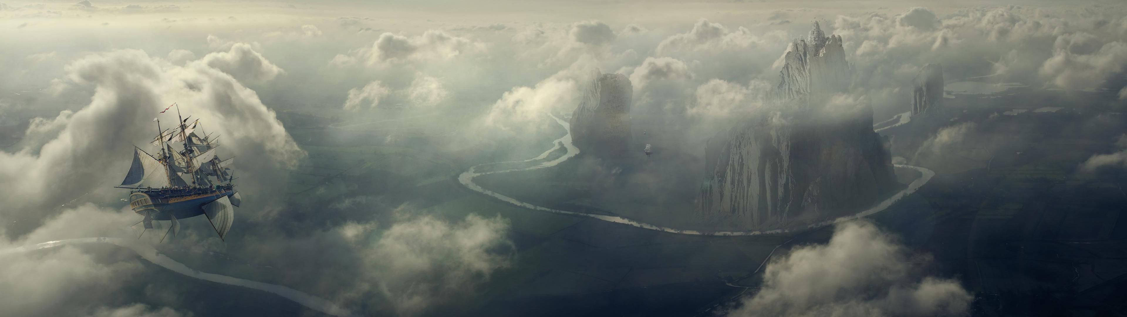 雲端漂浮的史詩級船景 壁紙