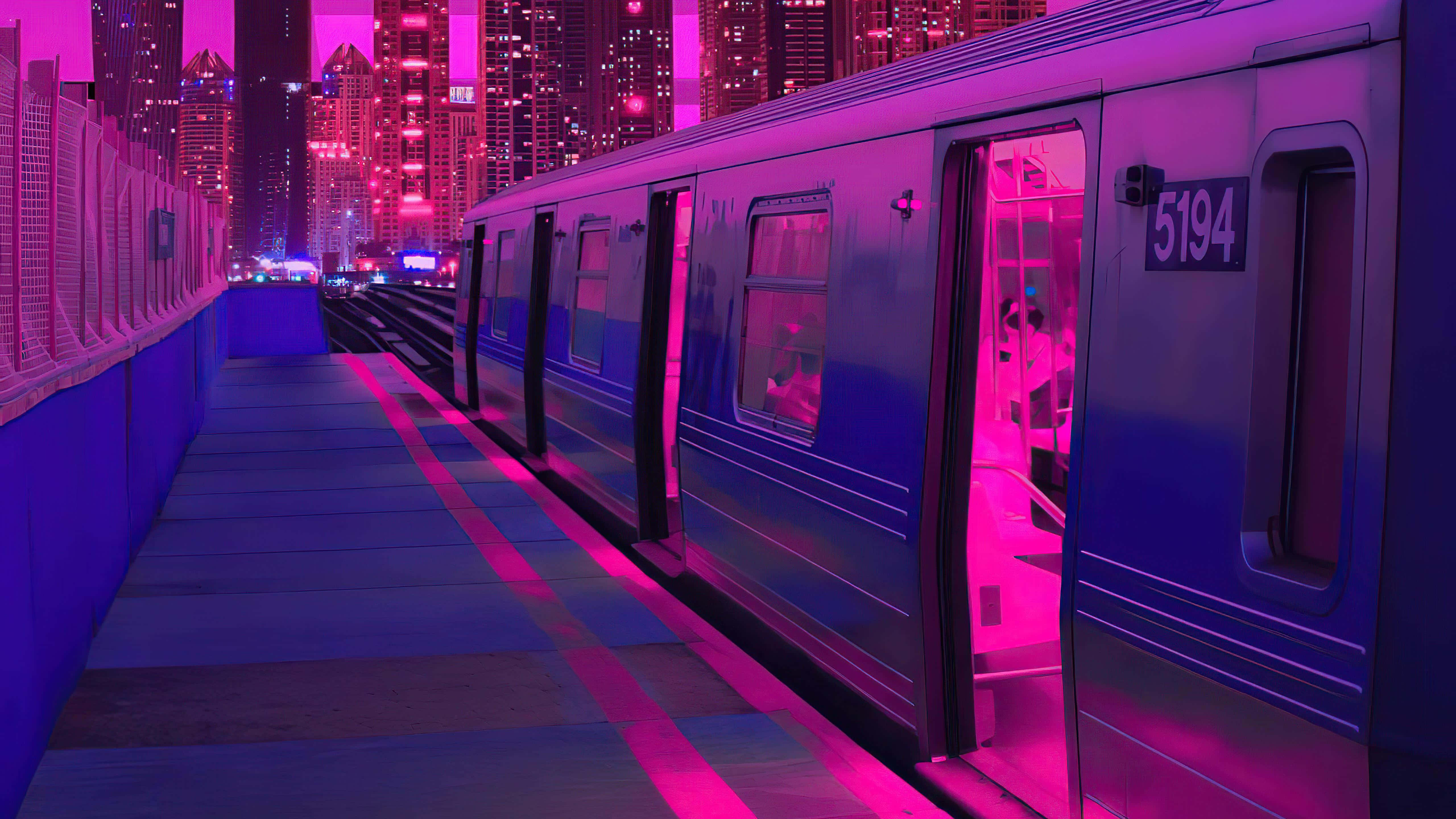 霓虹列車合成波風格背景 壁紙