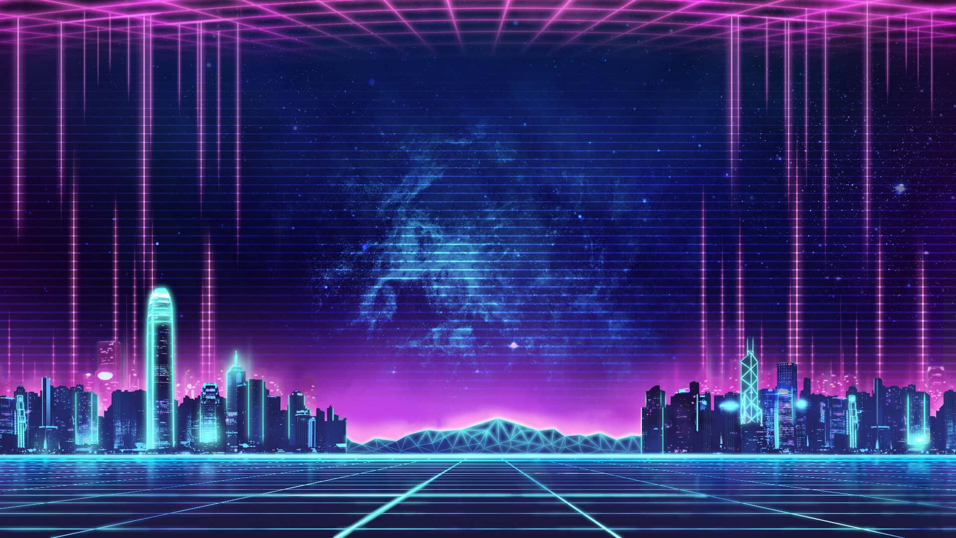 霓虹城市网格背景 壁紙