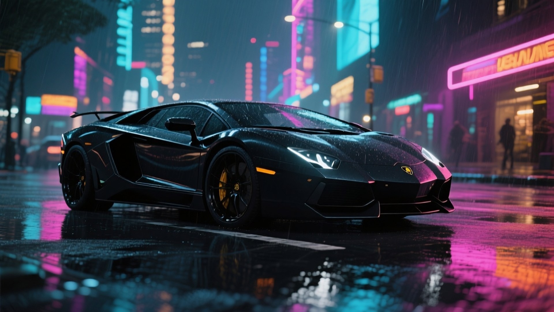 黑色藍寶堅尼Aventador在霓虹閃爍的城市夜晚中 — 酷炫汽車 壁紙