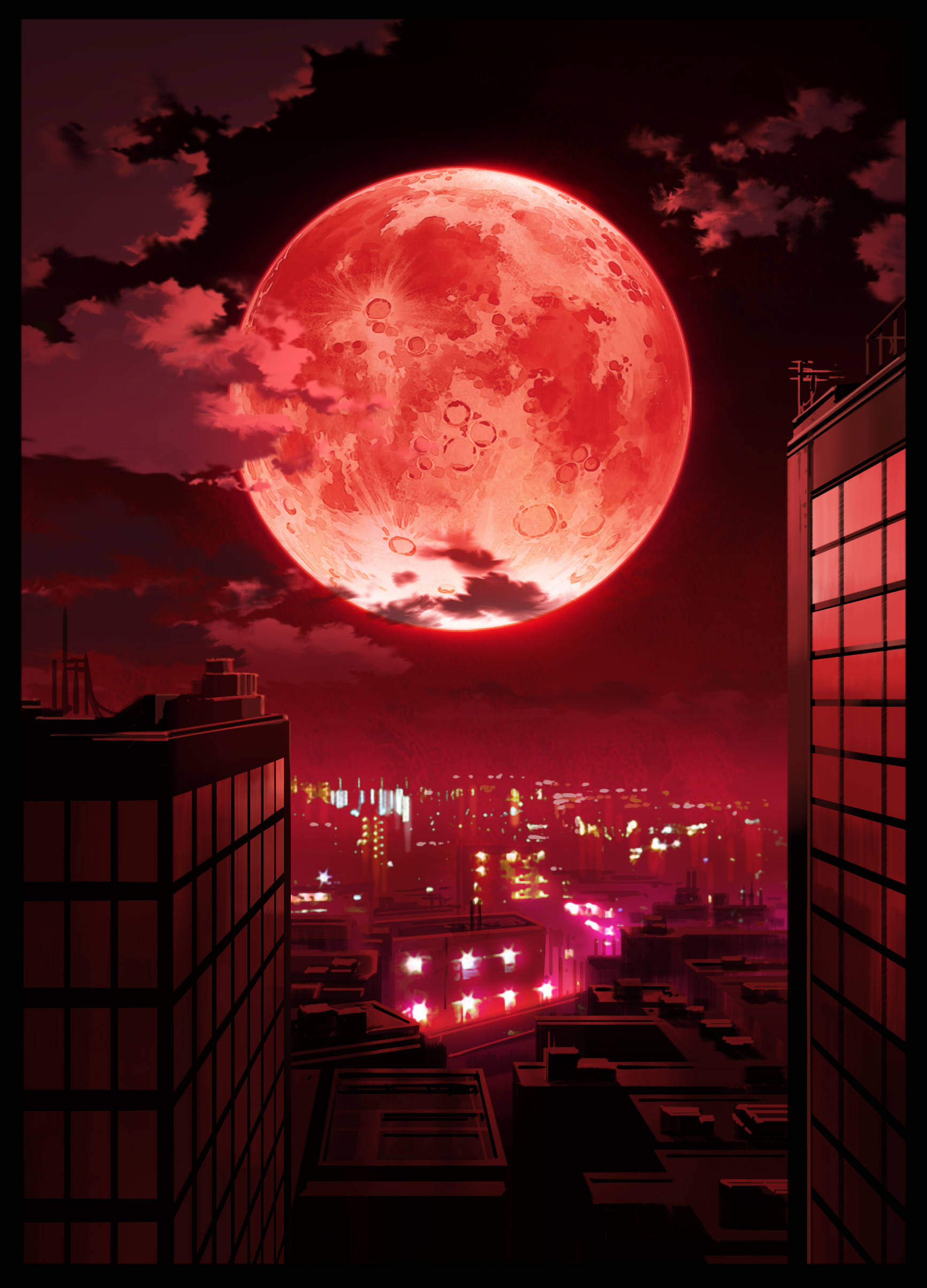霓虹月景城市風貌 壁紙
